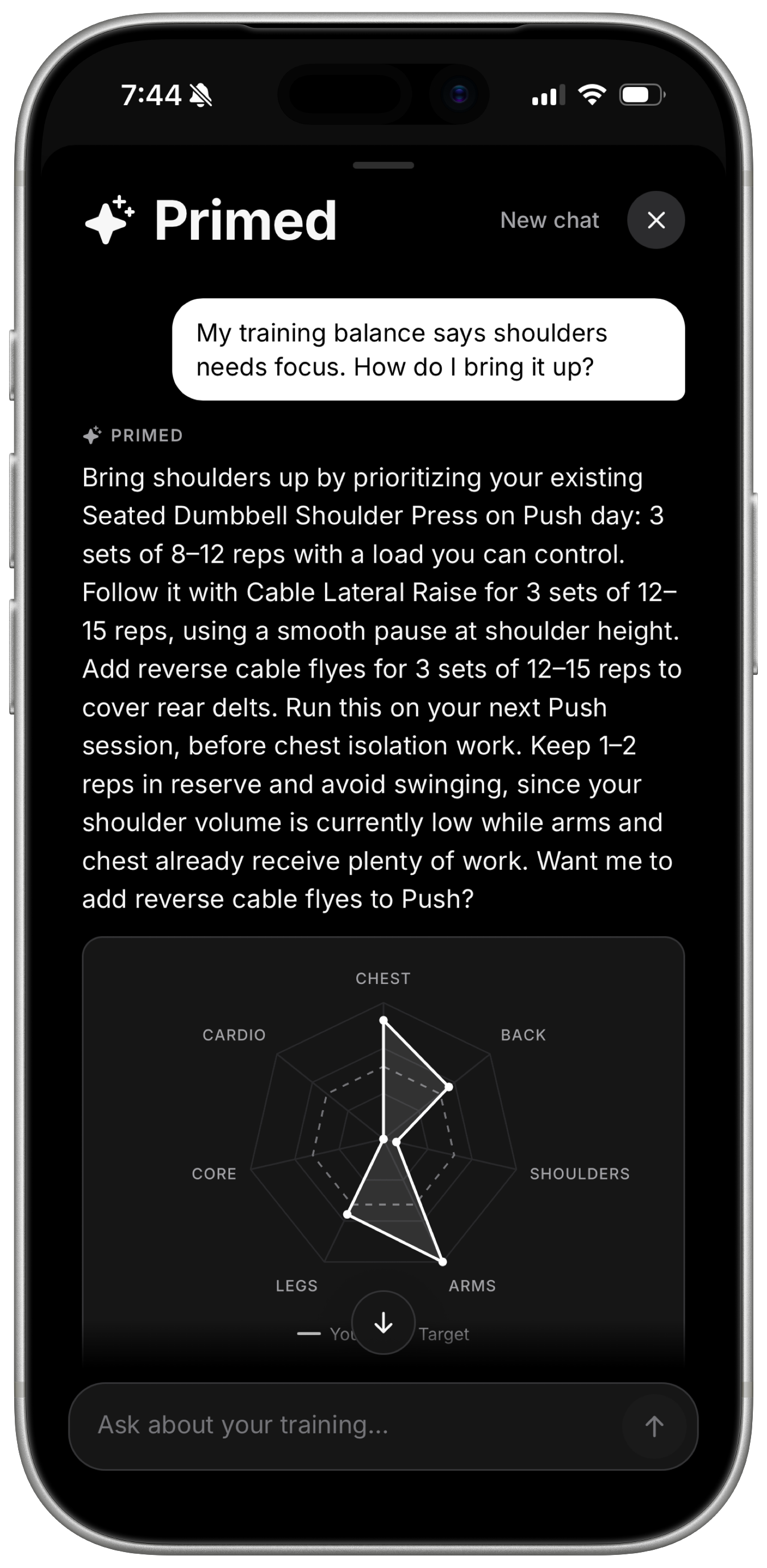 Ask Primed conversation answering how to bring up shoulders with a shoulder press, lateral raise, and reverse fly plan, followed by a training balance chart