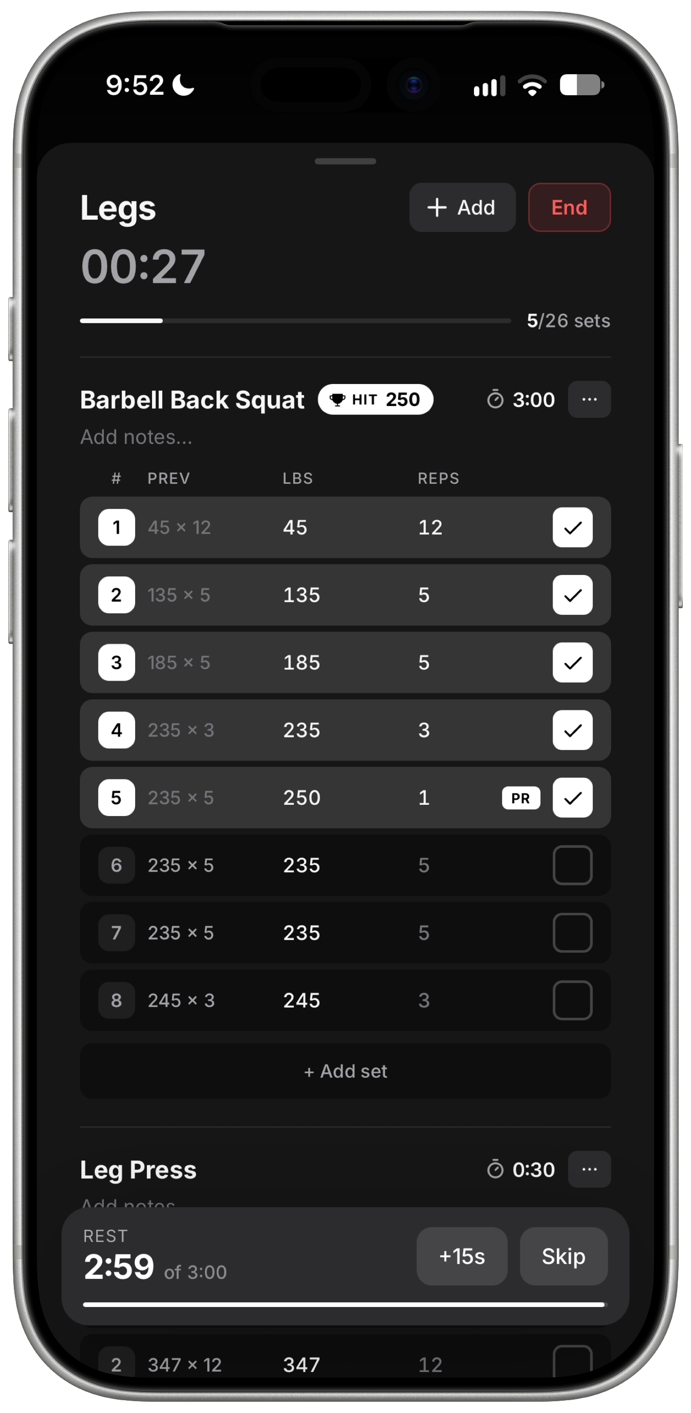 Squat target changing to HIT 250 after logging 250 lbs × 1, with a PR badge, 5 completed sets, and a restarted rest timer