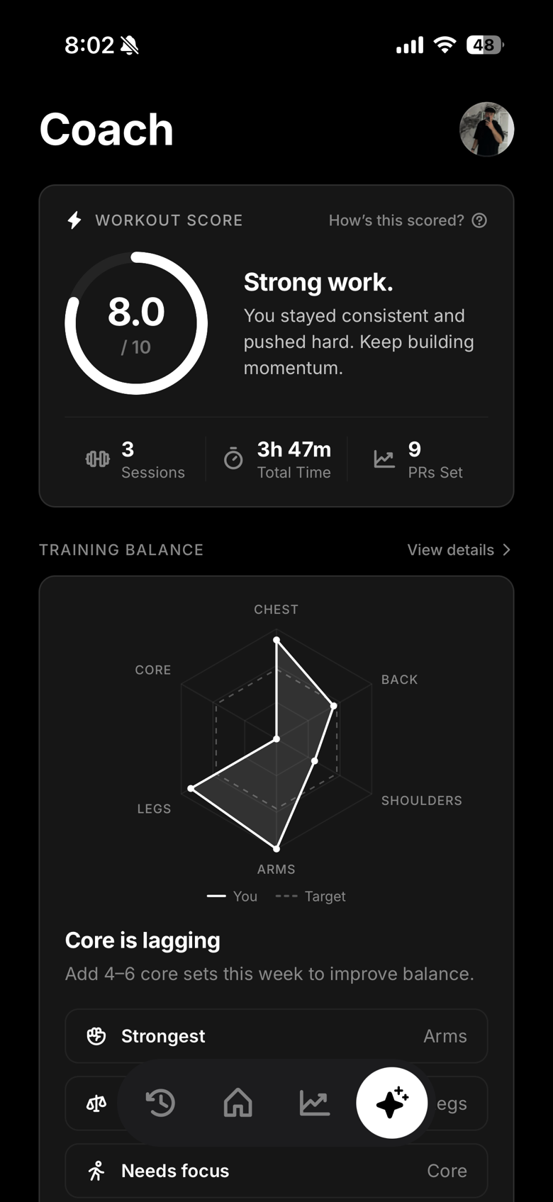 PR Coach screen showing an 8.0 workout score and training balance guidance