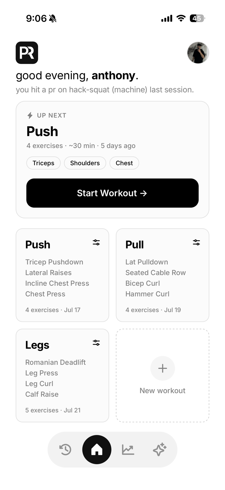 The same PR home screen in light mode