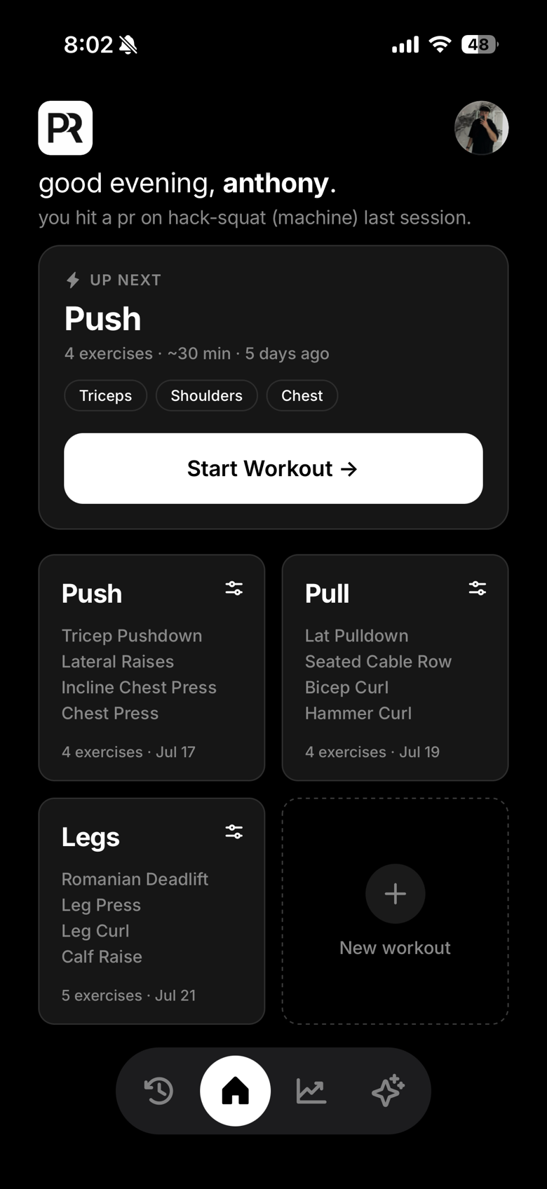 PR home screen showing the next Push workout with a Start Workout button