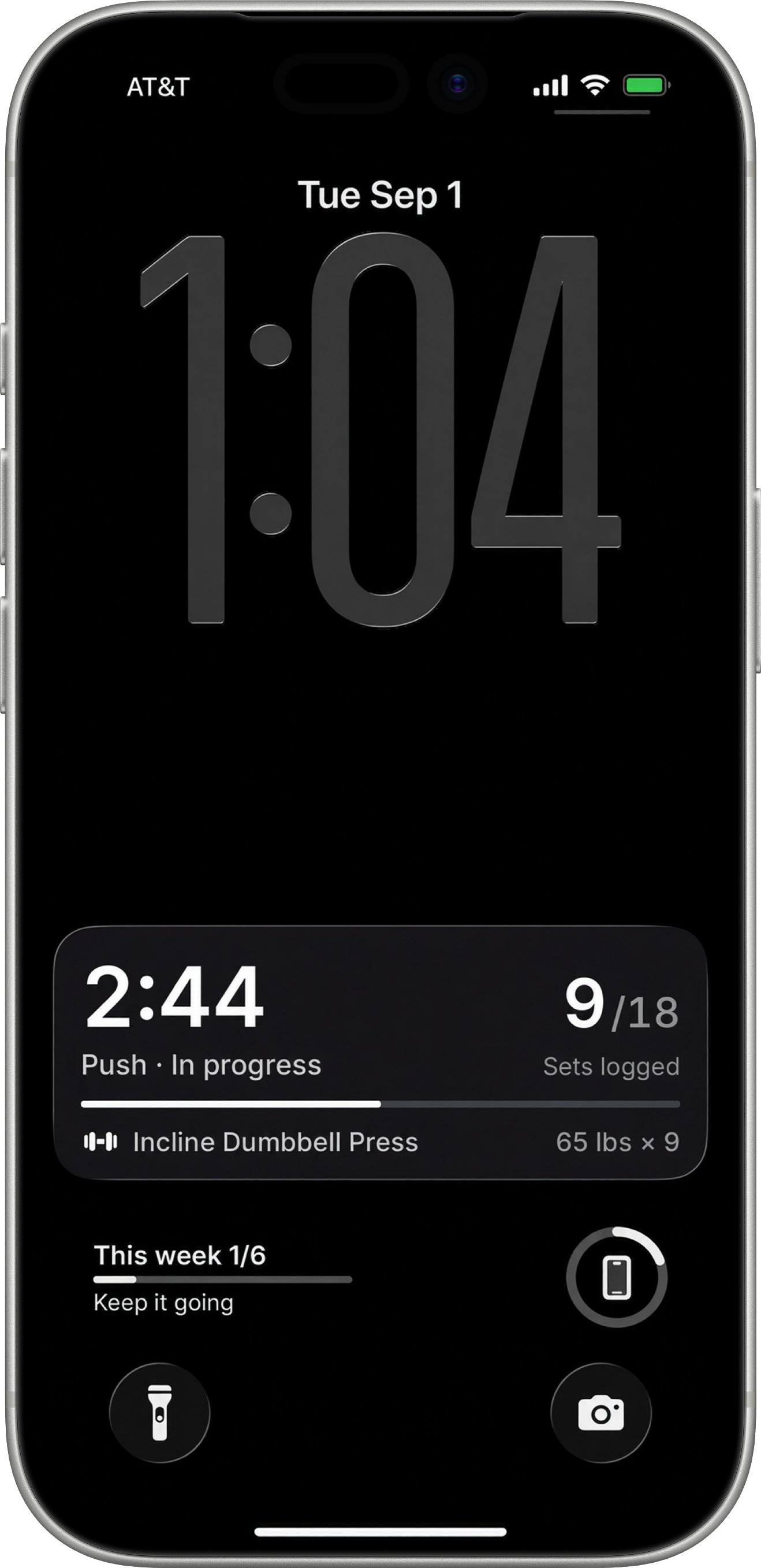 iPhone lock screen with a PR Live Activity showing a 2:44 timer, 9 of 18 sets logged, and Incline Dumbbell Press 65 lbs × 9