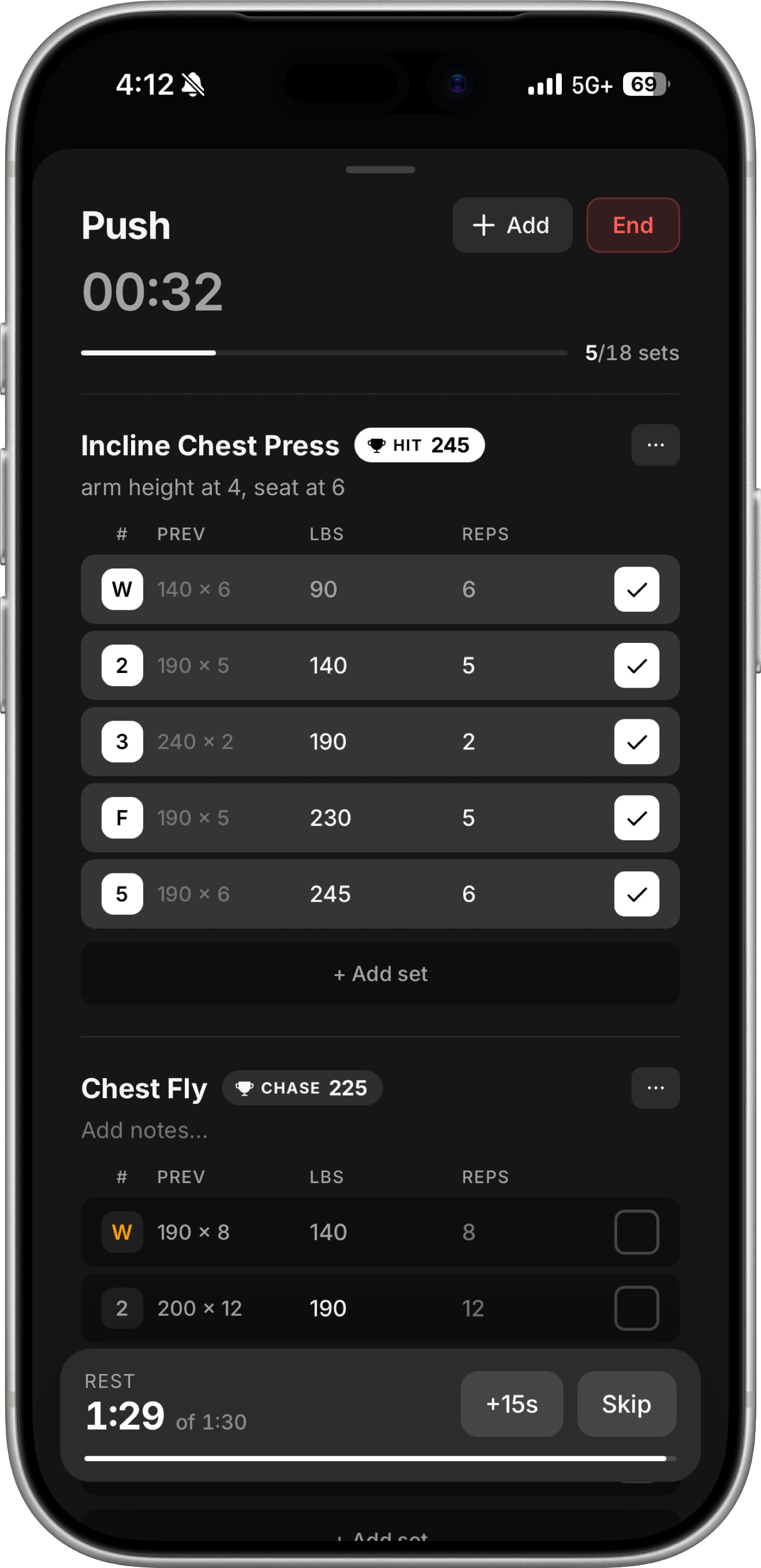 An active Push workout with Incline Chest Press sets logged, a HIT 245 chip, a Chest Fly Chase 225 target, and a running rest timer