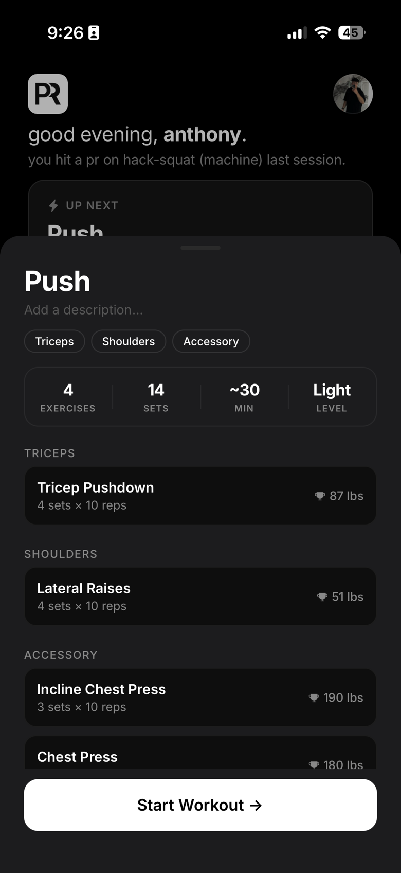 Push workout preview showing four exercises grouped by muscle with sets, reps, and personal records