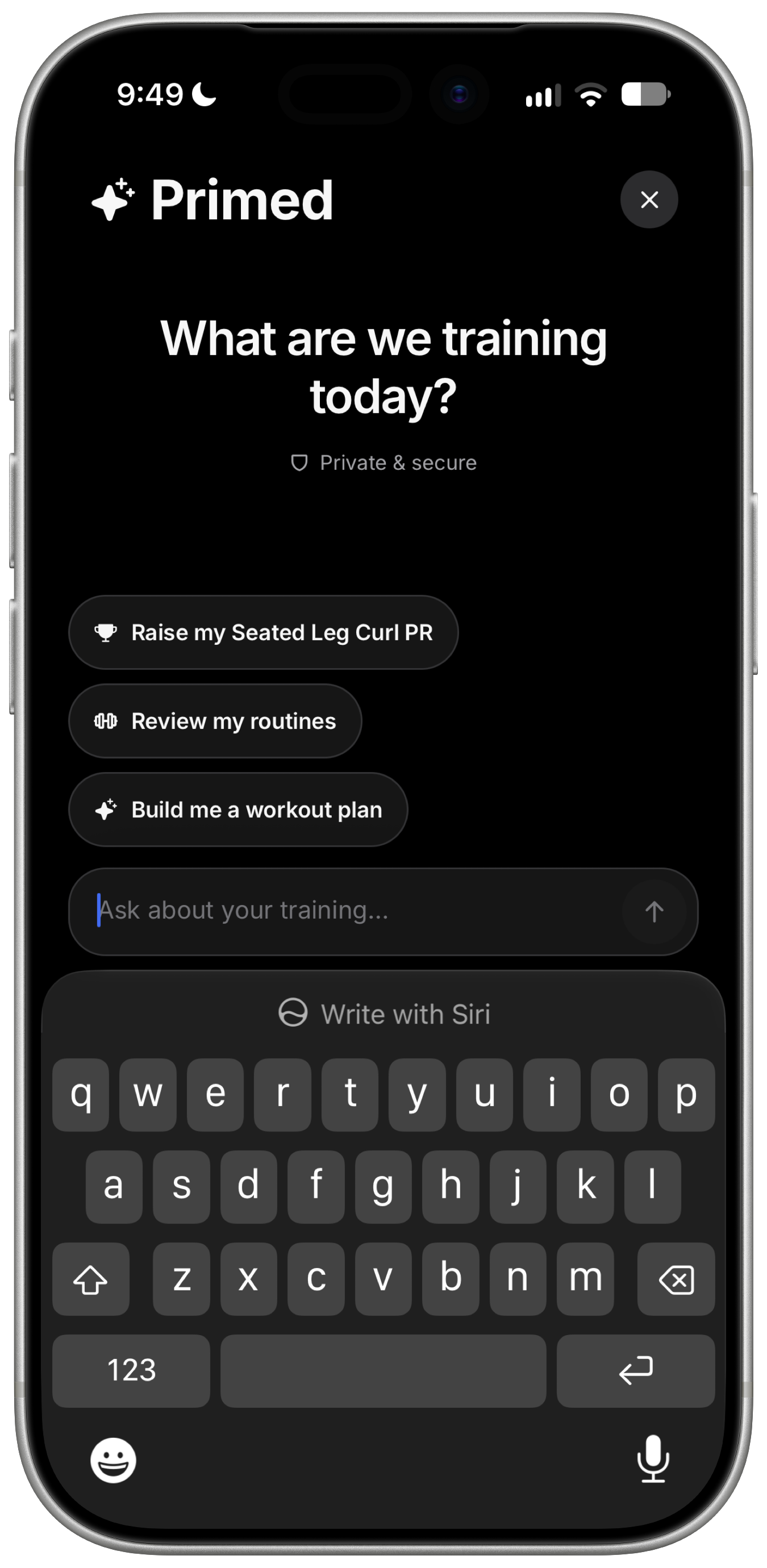 Primed chat with suggestions to raise a personal record, review routines, or build a workout plan