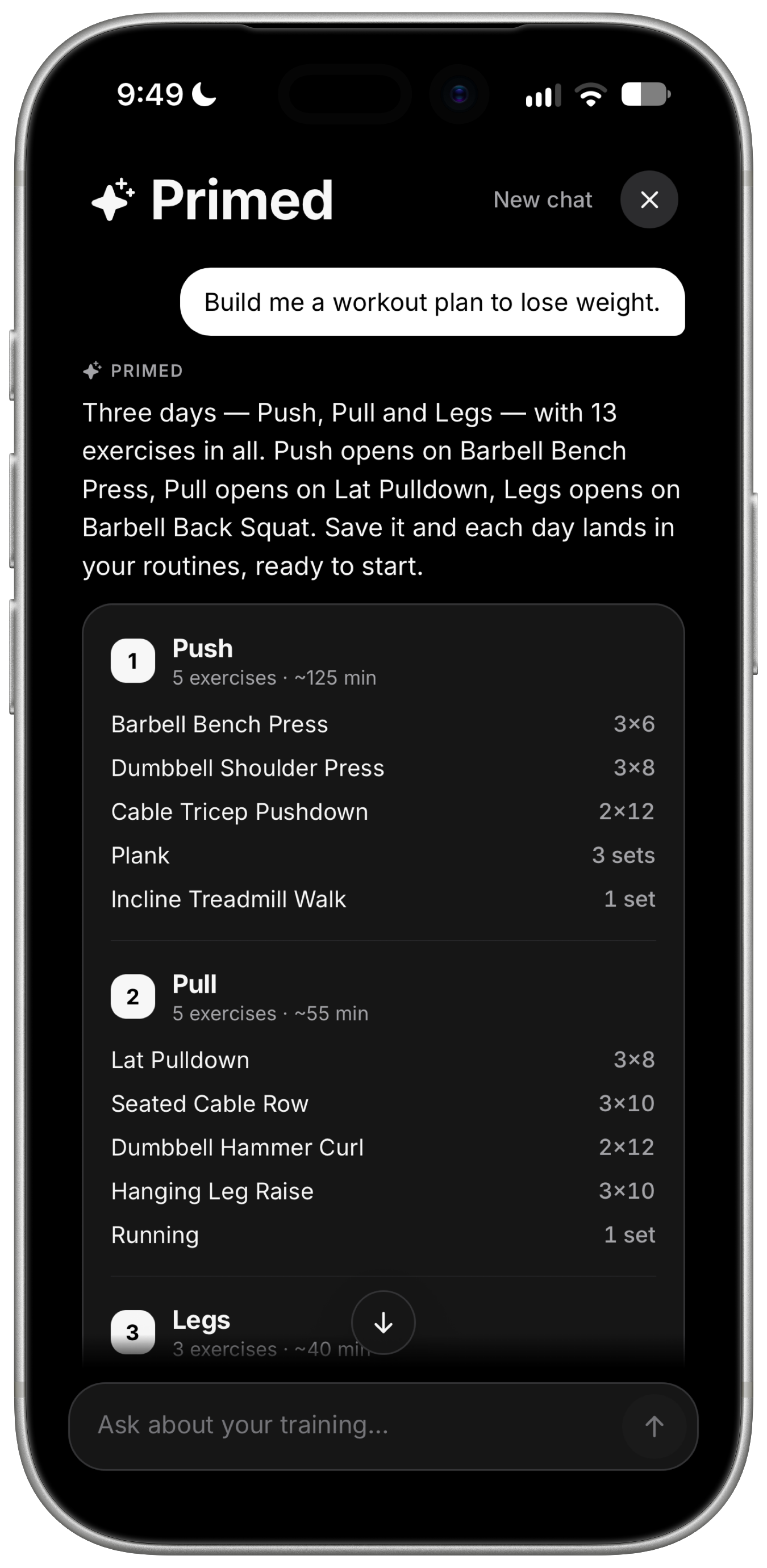 Primed generating a three-day Push, Pull, and Legs plan with exercises, sets, reps, and estimated session times