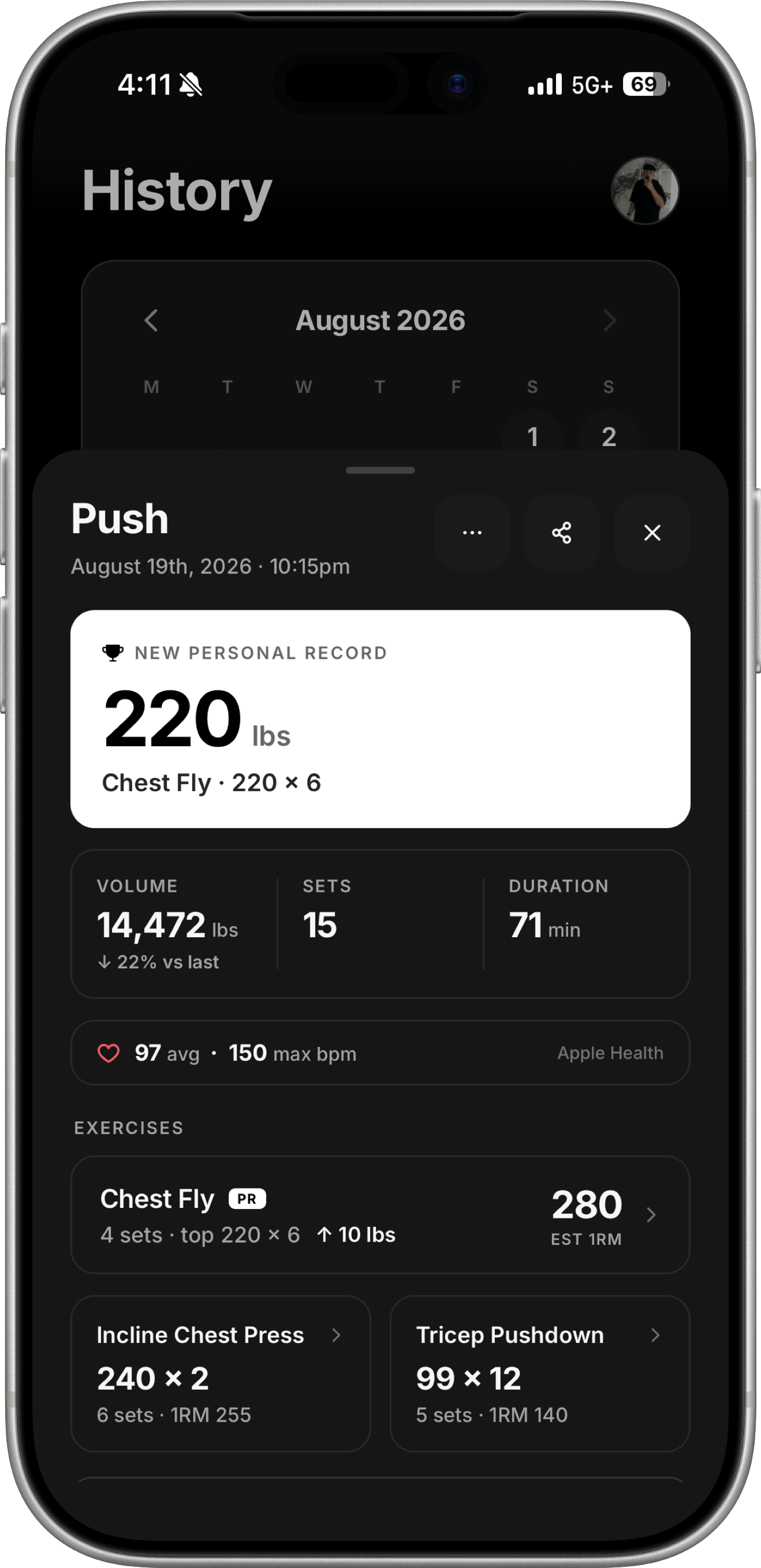Session detail sheet for a Push workout showing a new 220 lb Chest Fly PR, 14,472 lbs of volume, 15 sets, 71 minutes, and Apple Health heart rate