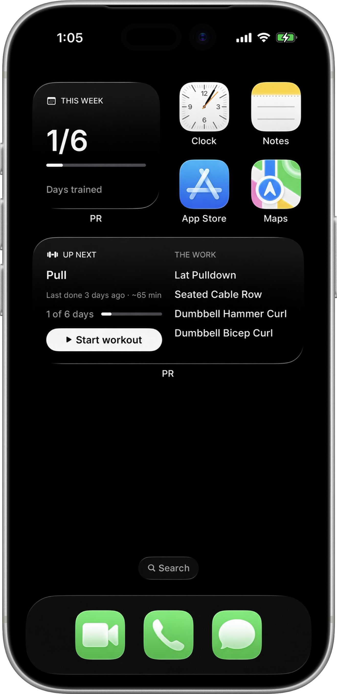 iPhone home screen with a PR widget showing 1 of 6 days trained and a wide widget showing Pull up next with a Start workout button